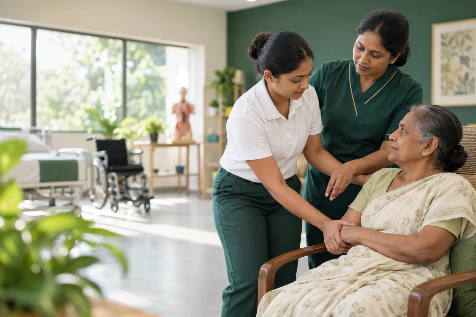 A caregiver instructor guiding a trainee during a practical lesson